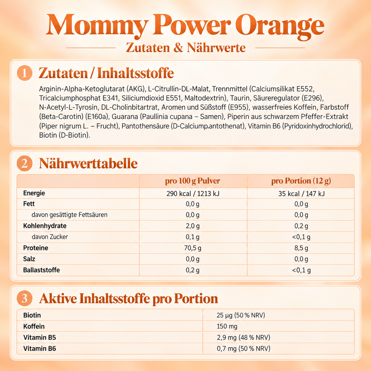 Mommy Power Orange, Zutaten und Nährwerte