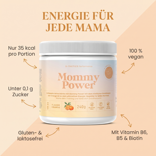 Mommy Power Orange – Vorteile: 35 kcal pro Portion, unter 0,1 g Zucker, 100 % vegan