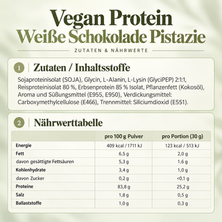 Vegan Protein Pistazie weiße Schokolade, Zutaten und Nährwerte