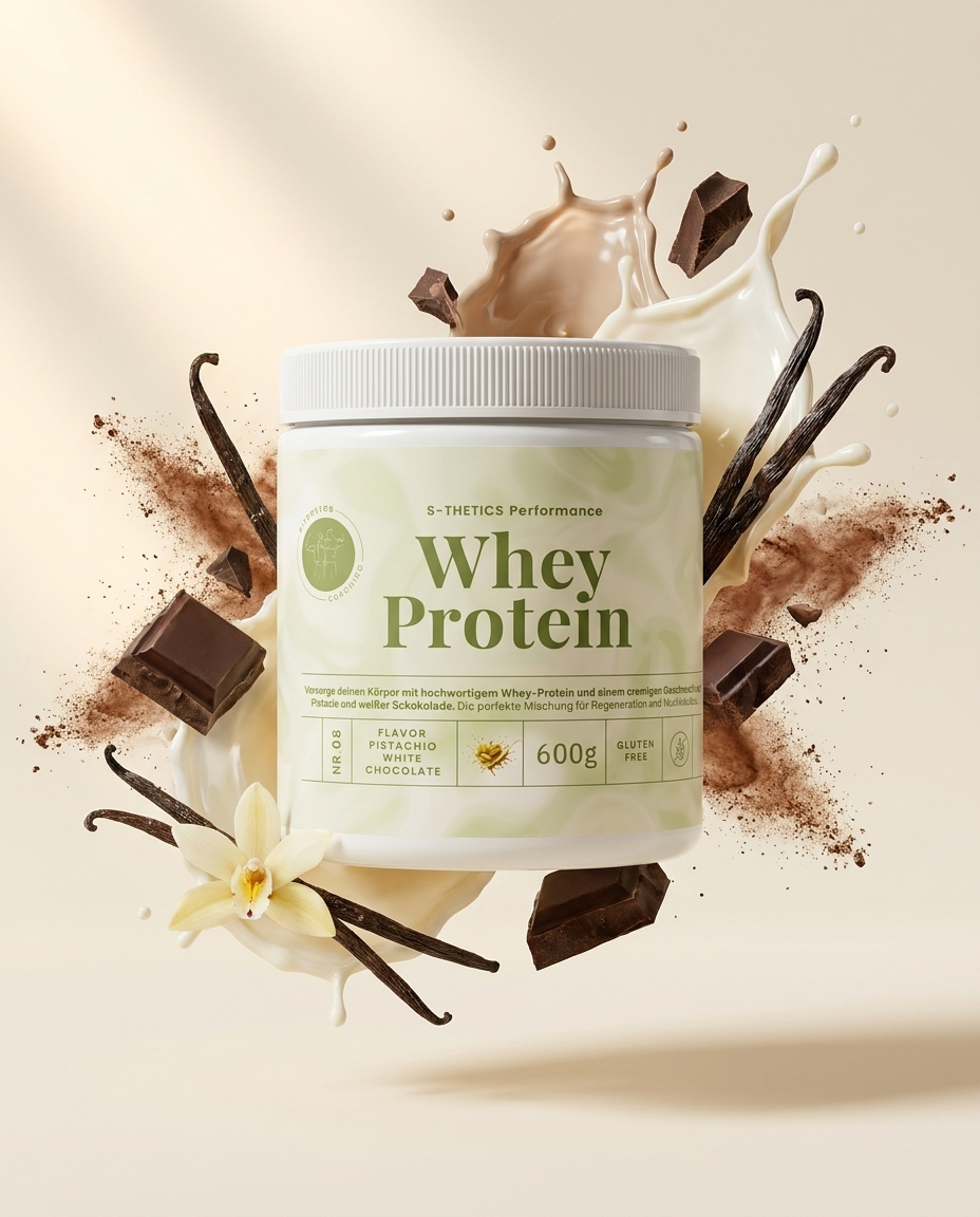 Whey Protein Schokolade – Dose mit Schokoladenstücken und Cremesplash